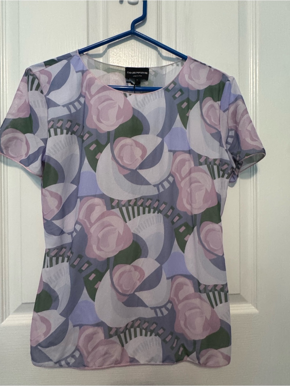 Emporio Armani Floral Mesh Short Sleeve Top Pink Lavender Size L NWT
